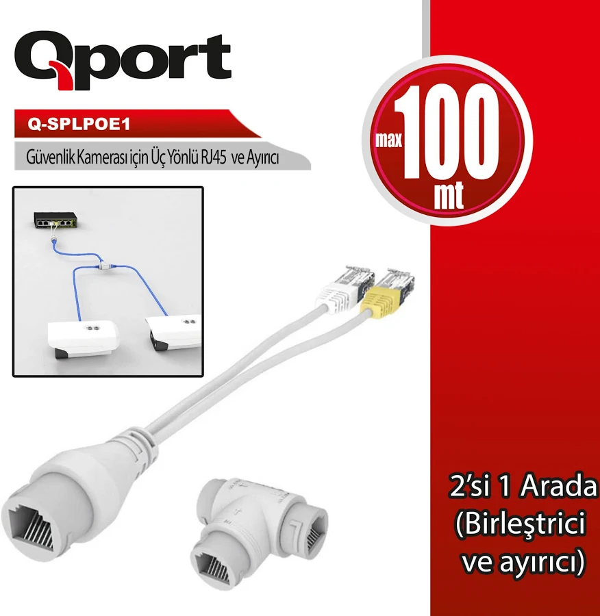 Qport Q-SPLPOE1 Poe Splitter 2 in 1 Ağ Konnektörü 3 Yollu RJ45 Konnektör