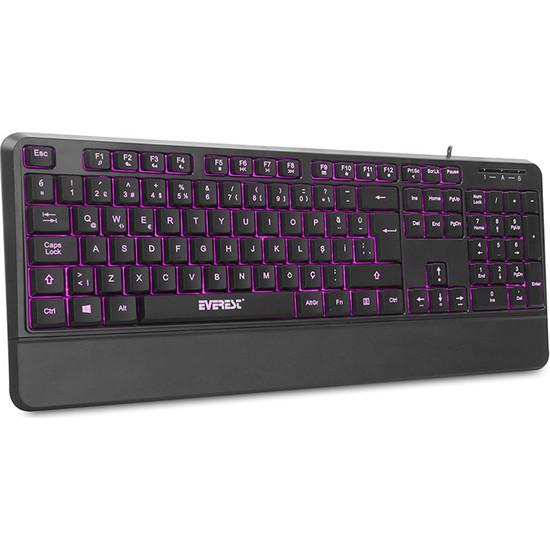 Everest KB-R61 BRIGHT Siyah USB 3 Renk Aydınlatmalı Q Sabit Bilek Destekli Multimedia Kablolu Klavye