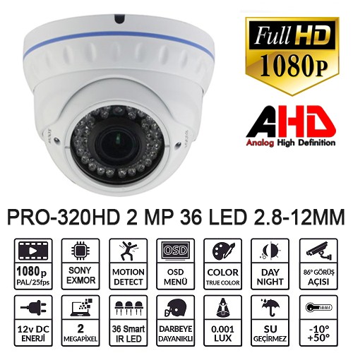 Balandi PRO-320HD 2MP 1080P 36LED 2.812mm AHD Dome Kamera