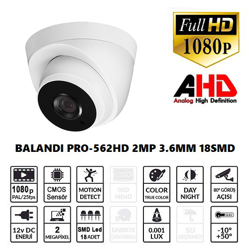 Balandi PRO-562HD 2MP 1080P 18 SMD LED 3.6 AHD Dome Kamera