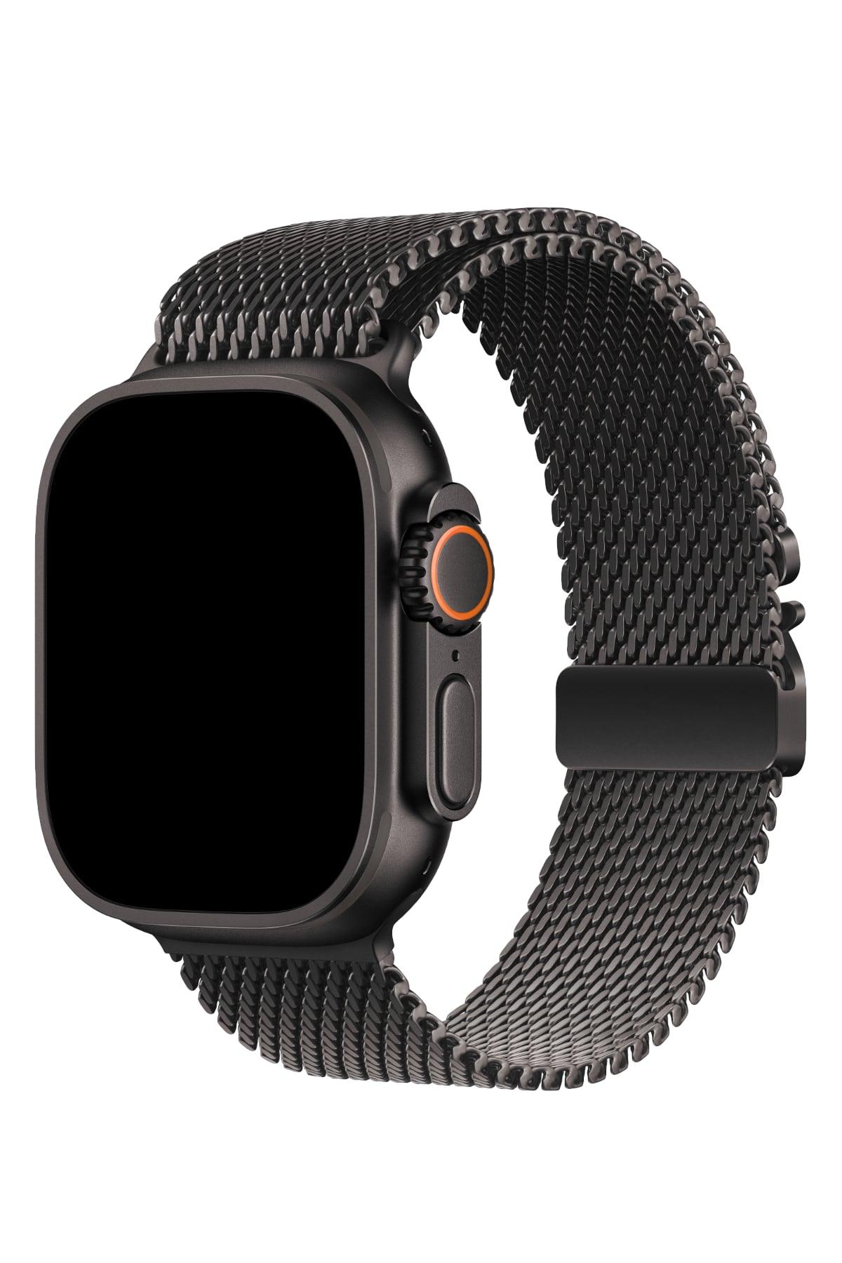 Kny Apple Watch Ultra 49 mm Için Hasır Desenli Metal Kordon-Kayış - Siyah