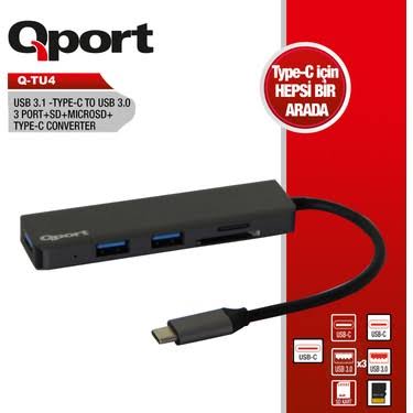 Qport Q-TU4 Type-C To Usb 3.0 3Port + SD + Micro SD + Type-C (F) Çevirici