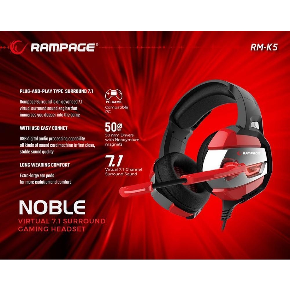 Rampage RM-K5 NOBLE Black/Red 7.1 Gaming Kulaklık